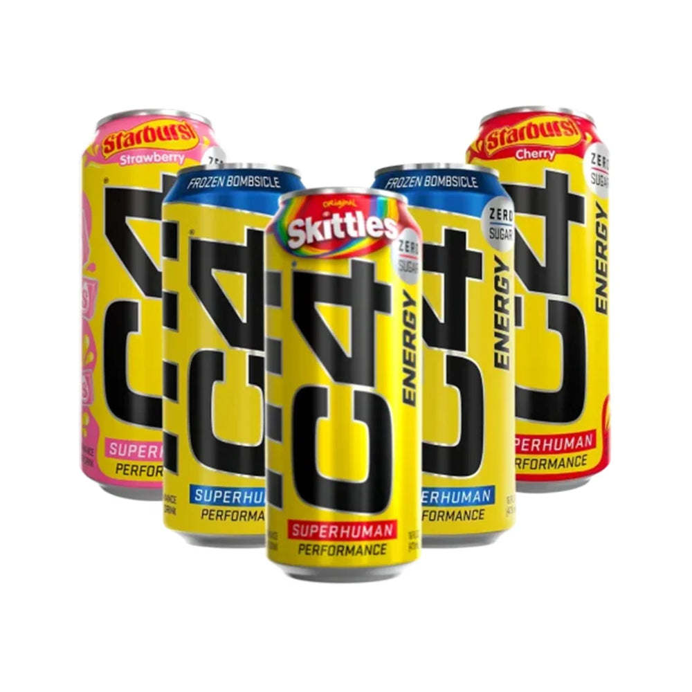 Five energy drink cans with Skittles and Starburst branding on a white background