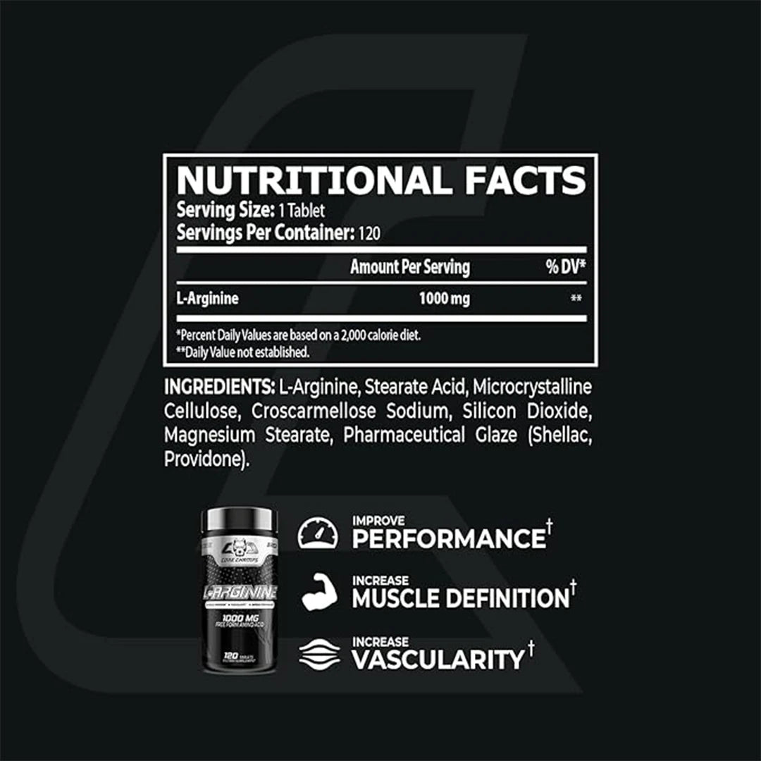 Nutritional facts label of core champ L-arginine 1000mg | 120 tablet bottle on a black background