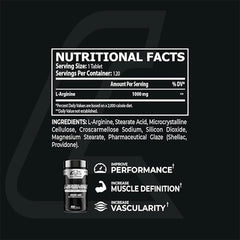 Nutritional facts label of core champ L-arginine 1000mg | 120 tablet bottle on a black background