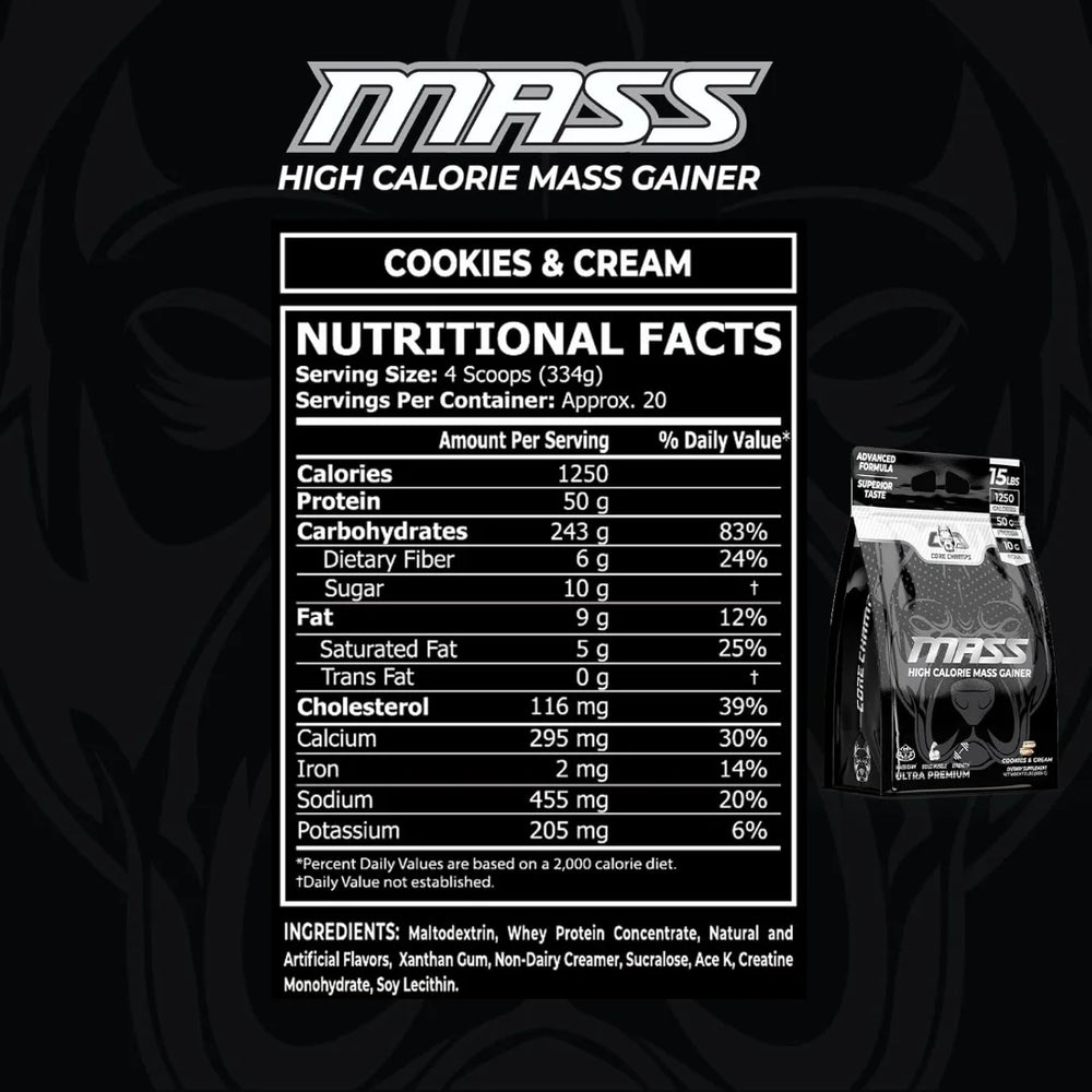 Core Champs Mass Gainer Nutrition Label 50g Protein 1250 Calories