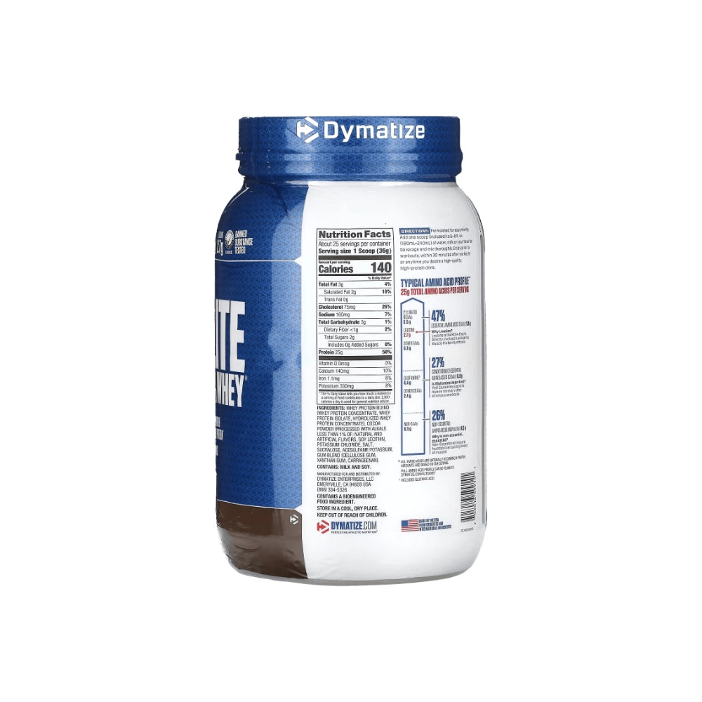 Dymatize Elite Whey supplement facts label 25g protein 5.5g BCAAs 2.7g Leucine per scoop