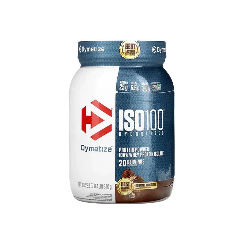 A container of Dymatize ISO 100 Hydrolyzed Whey Protein, with a label showing 20-24g of protein per serving and indicating the flavor as Chocolate Illusion.