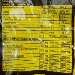 Nutritional label for FA Nutrition Napalm Mass on a yellow background in Pakistan