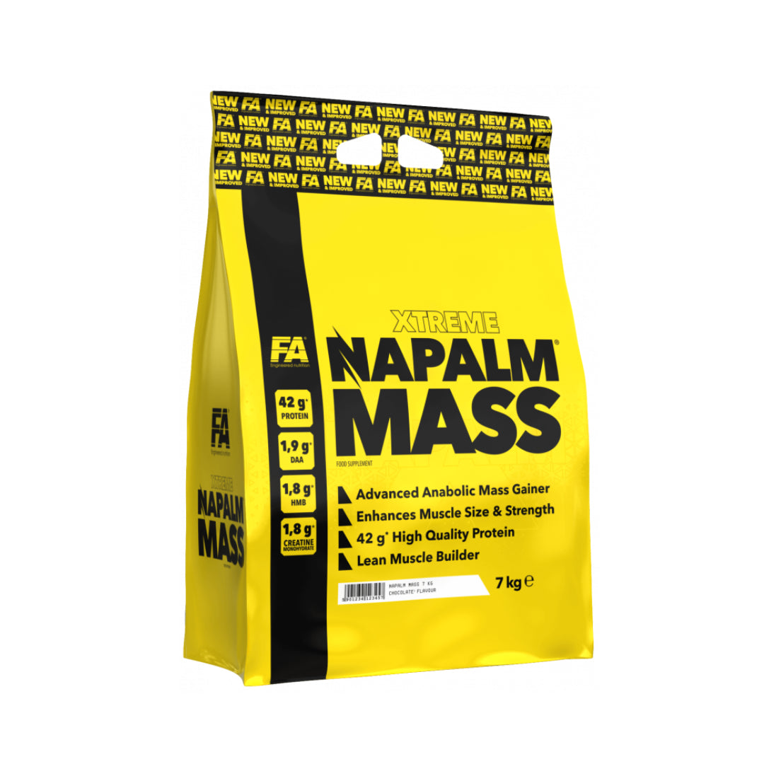 Yellow and black package of Xtreme Napalm Mass supplement on a white background on Fitzone.pk
