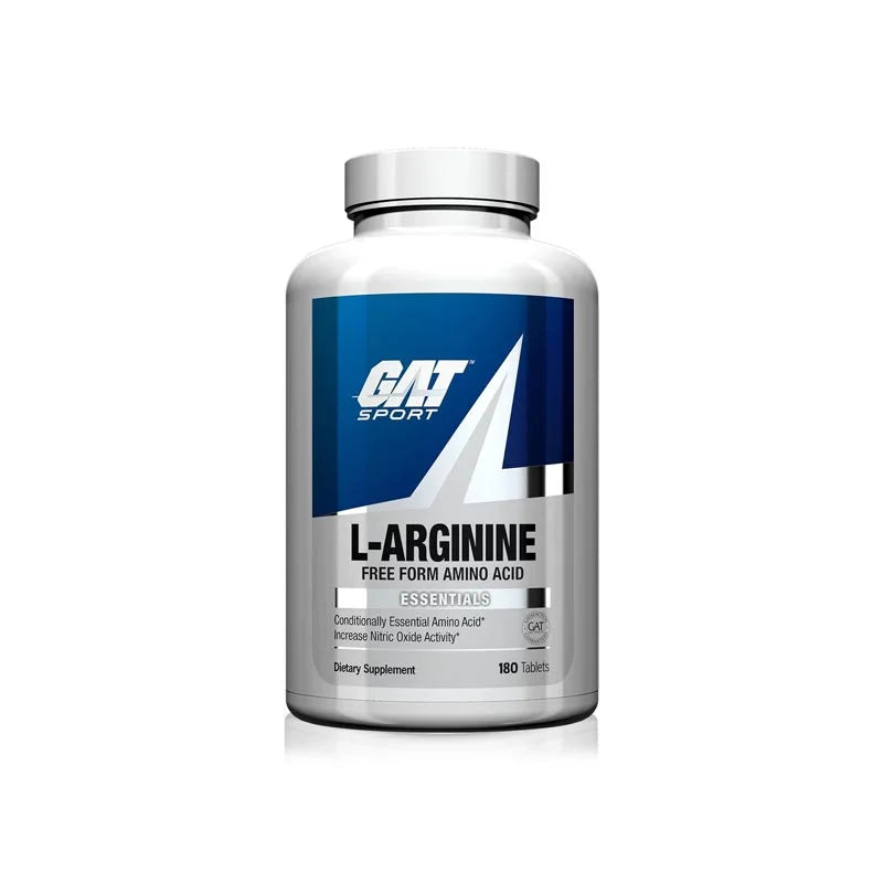 A container of Gat Sport L-Arginine 180 Tablets, with a blue and white label, indicating that it is a dietary supplement.