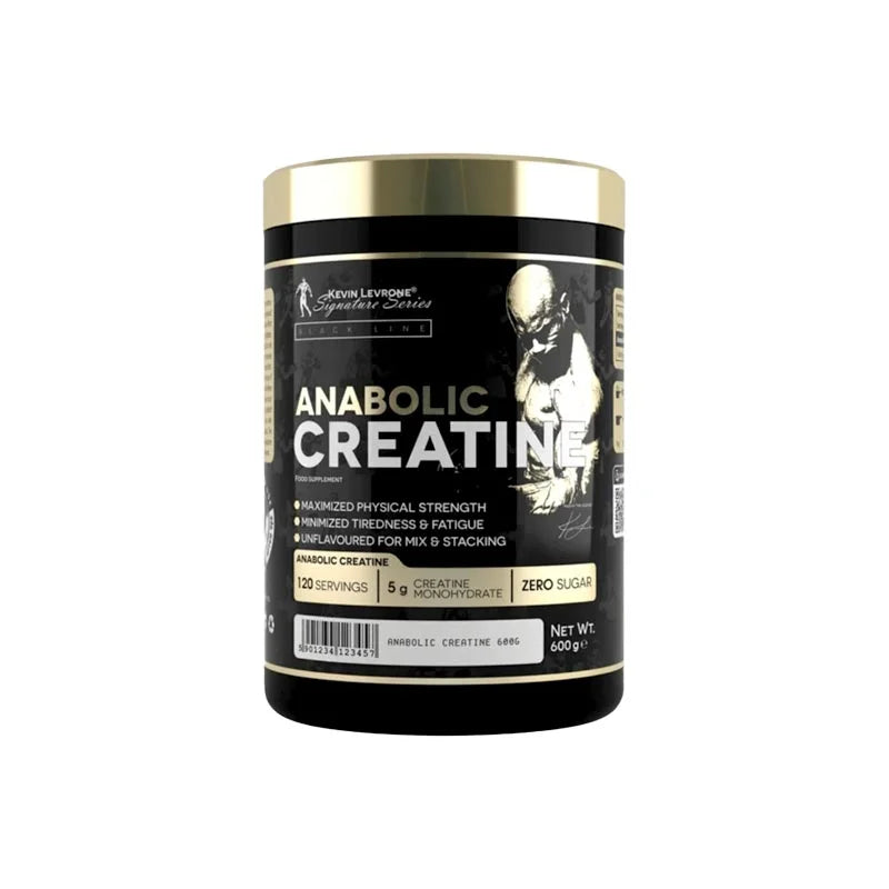 A container of Kevin Levrone Anabolic Creatine with 600g of creatine monohydrate, 5g of beta-alanine, and 0 sugar content, designed for enhancing physical strength and endurance.