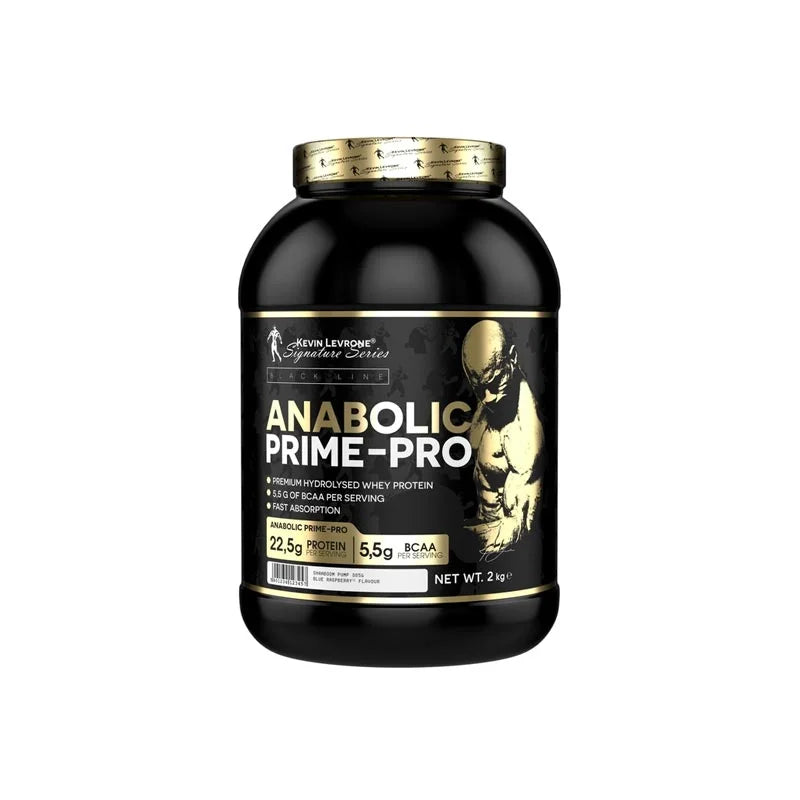 A container of Kevin Levrone Anabolic Prime Pro protein supplement with a black and gold label.