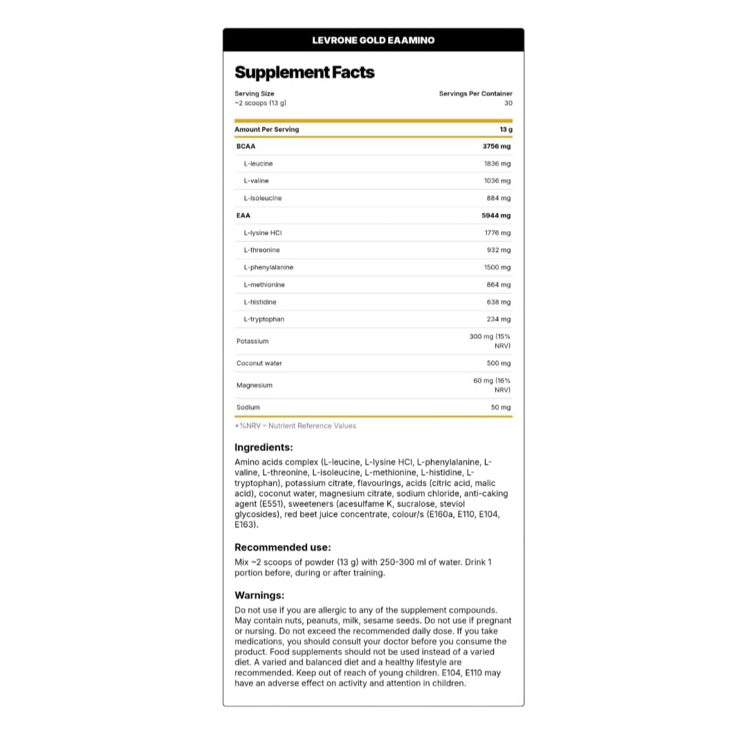 Kevin Levrone Gold EAAmino Nutrition Label 9.7g Amino Acids Per Serving