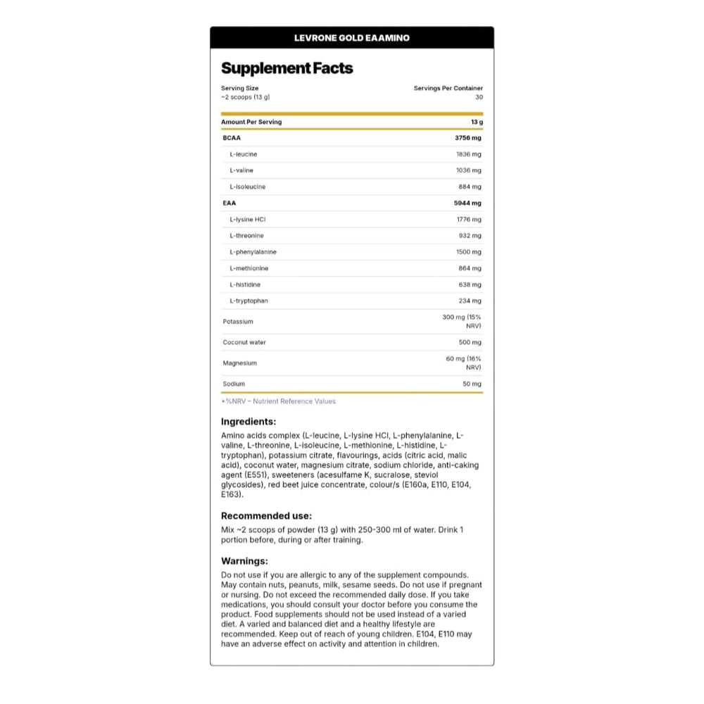 Kevin Levrone Gold EAAmino Nutrition Label 9.7g Amino Acids Per Serving