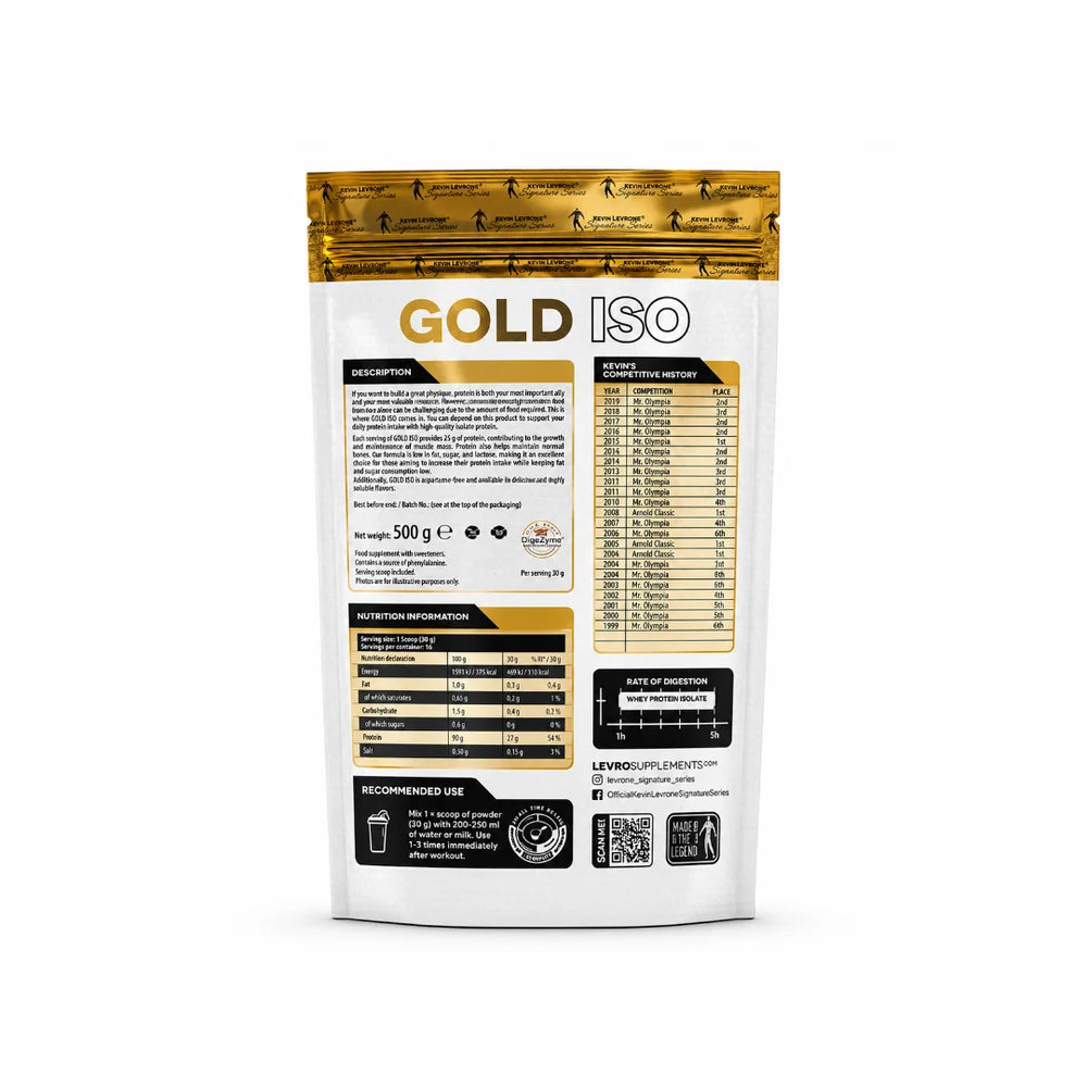 Kevin Levrone Gold ISO Nutrition Label 25g Protein Zero Fat Zero Sugar