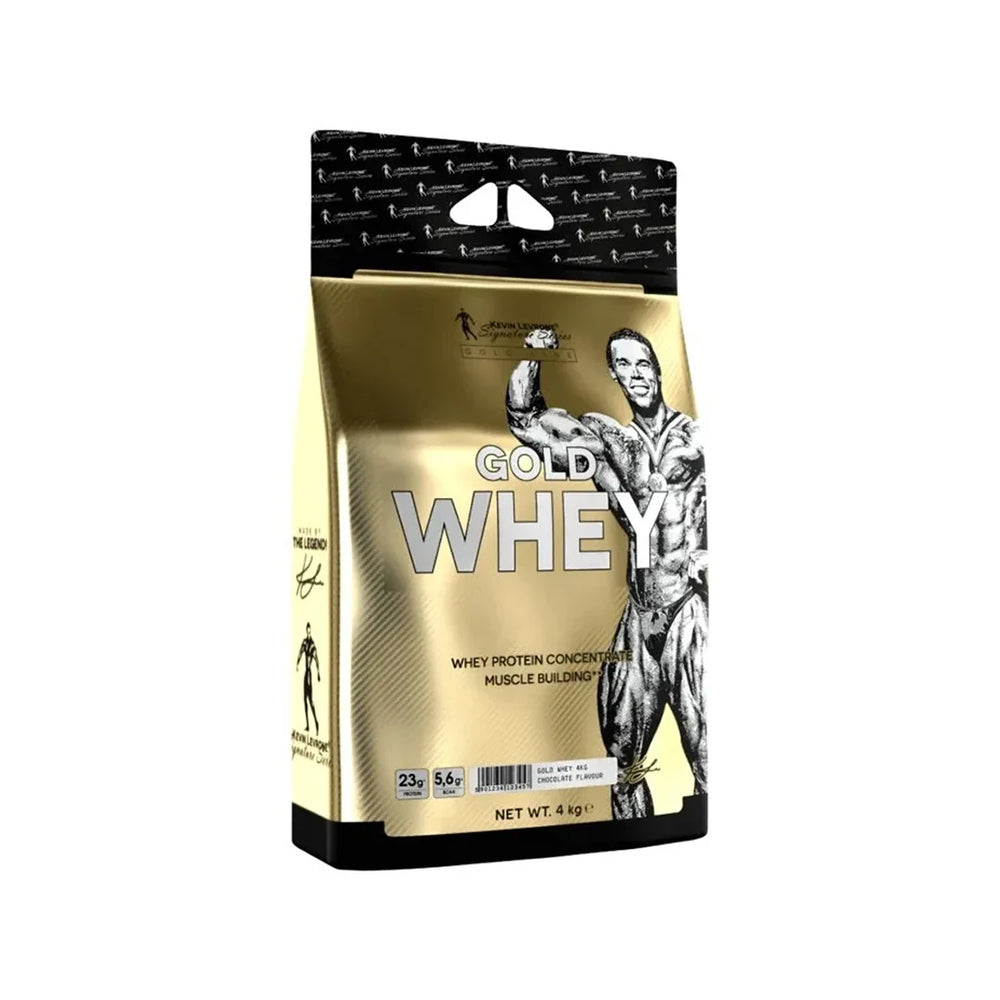 Kevin Levrone Gold Whey protein  4kg package with a muscular figure on a white background