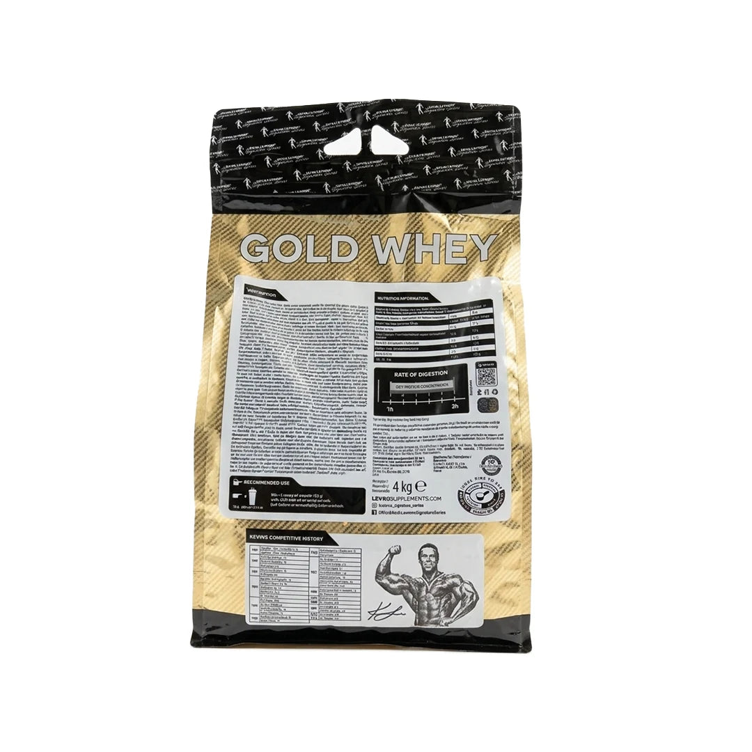 Kevin Levrone Gold Whey protein package 4kg with nutritional information on a white background