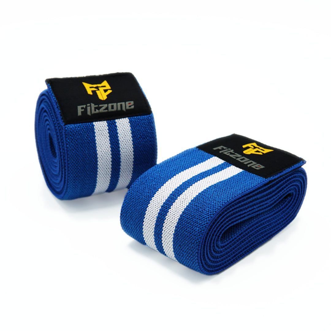 Knee wraps available in black, blue, grey and red – gym support gear
