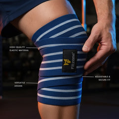 Blue and white striped knee wrap on a person's knee with Fitzone branding, in Pakistan.