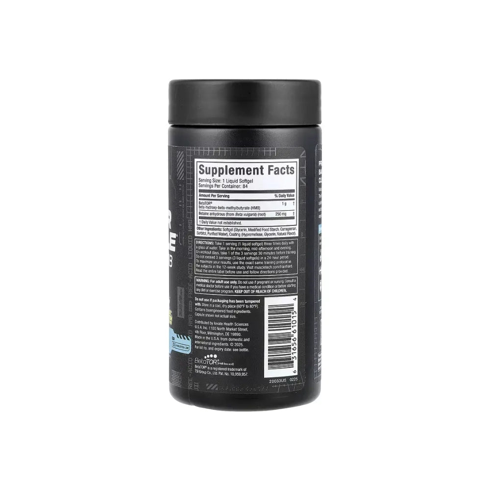 MuscleTech Clear Muscle label showing BetaTOR HMB ingredients and dosage