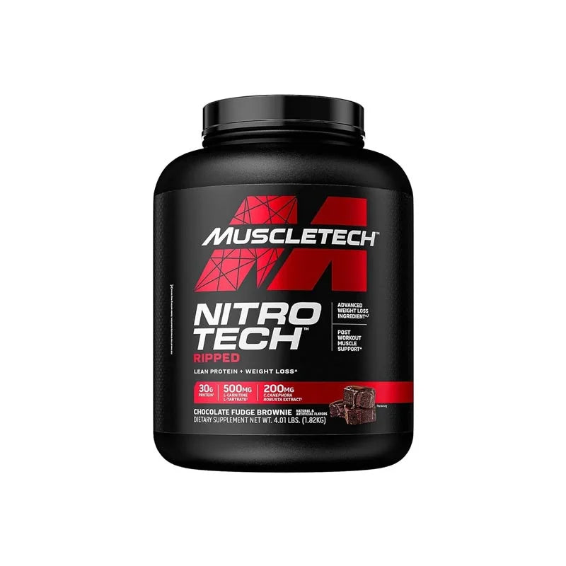 A container of MuscleTech Nitro-Tech Ripped protein powder in black and red color scheme.
