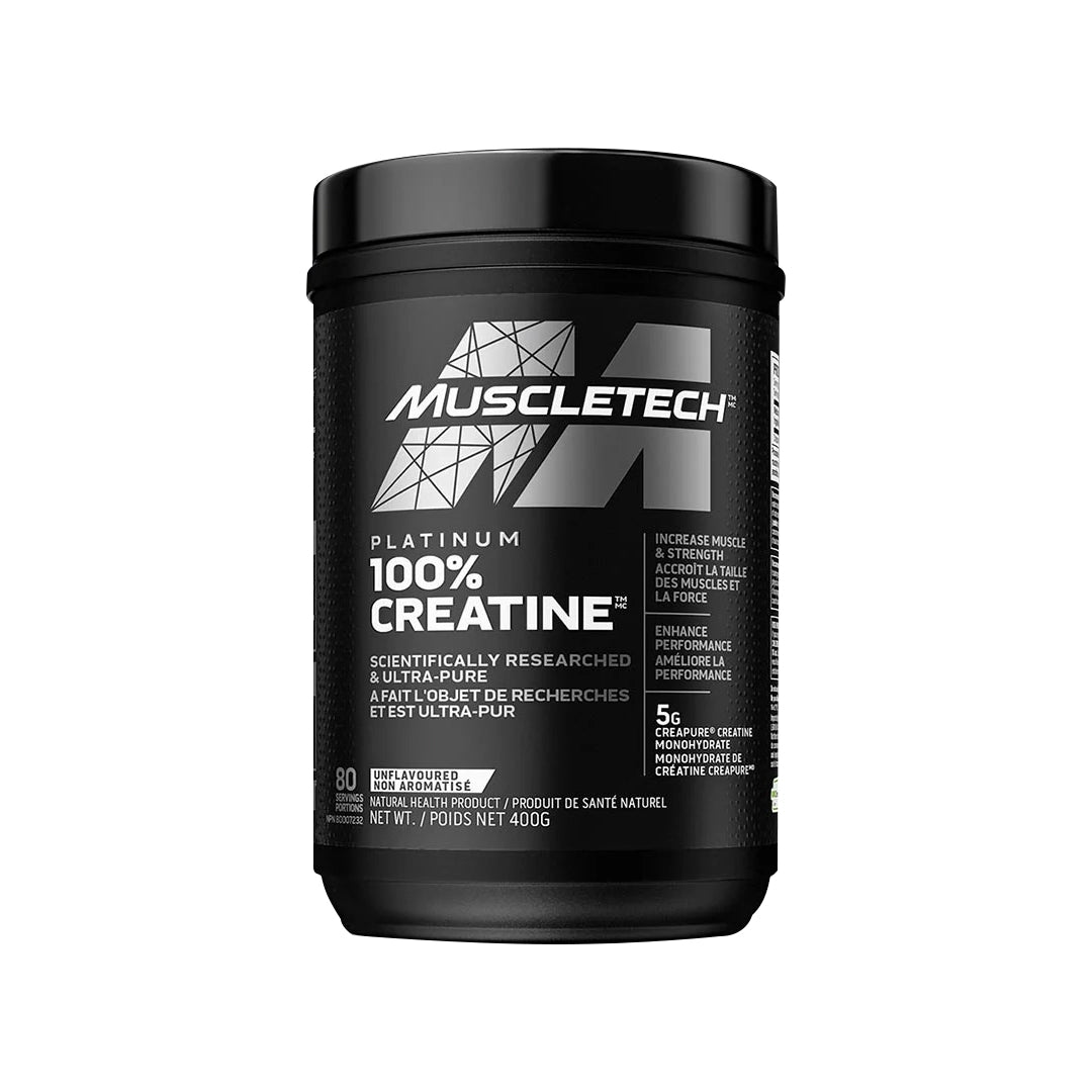 A container of Muscletech Platinum 100% Creatine Monohydrate, with branding and product information displayed on the label.