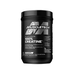 A container of Muscletech Platinum 100% Creatine Monohydrate, with branding and product information displayed on the label.