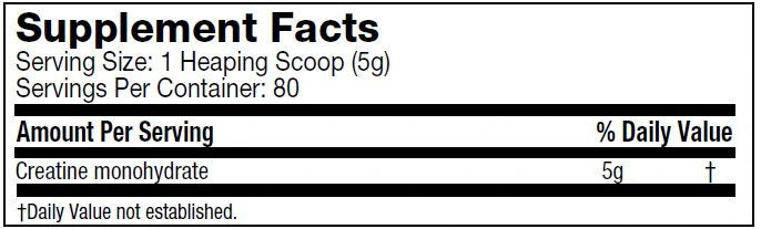 Supplement facts label with creatine monohydrate content on a black background