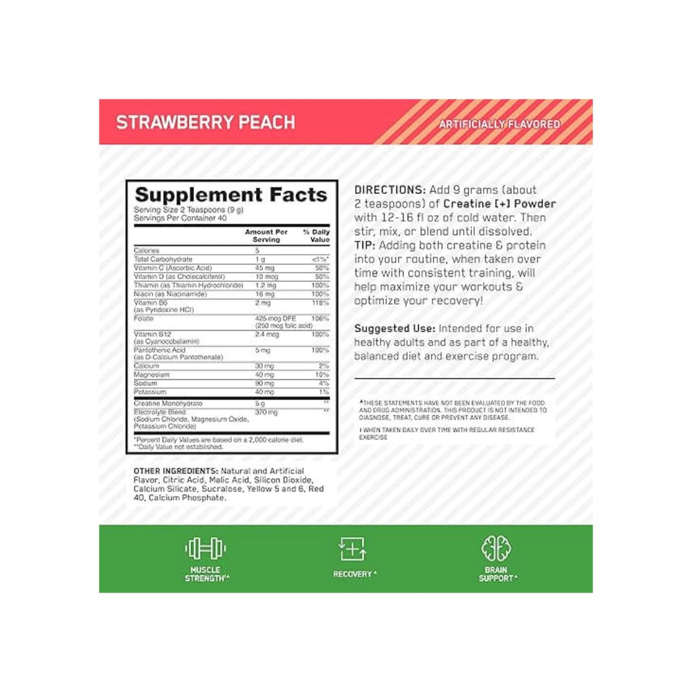 ON Creatine Plus supplement facts label vitamins electrolytes