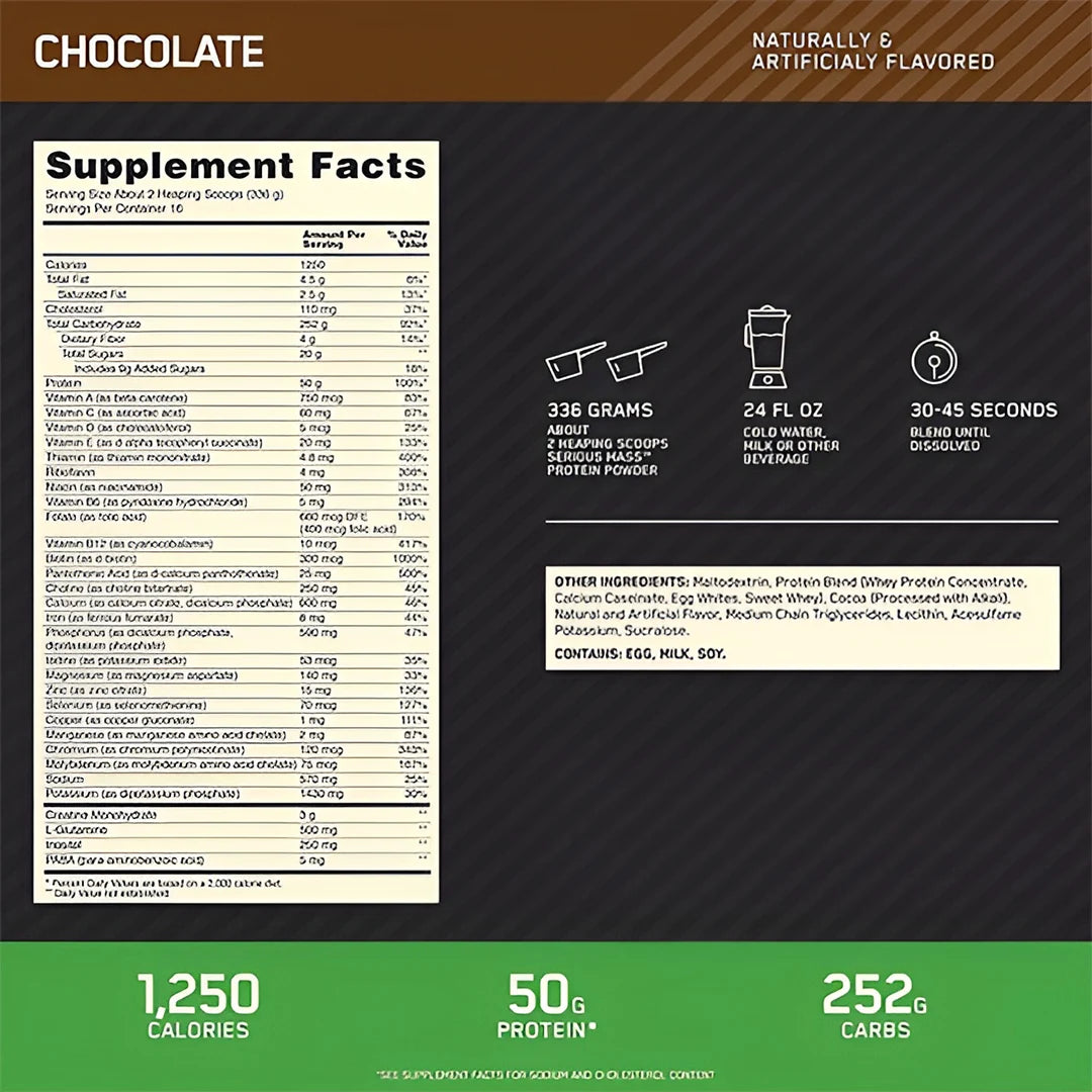 Supplement facts label for a chocolate-flavored On Serioud Mass 12lbs