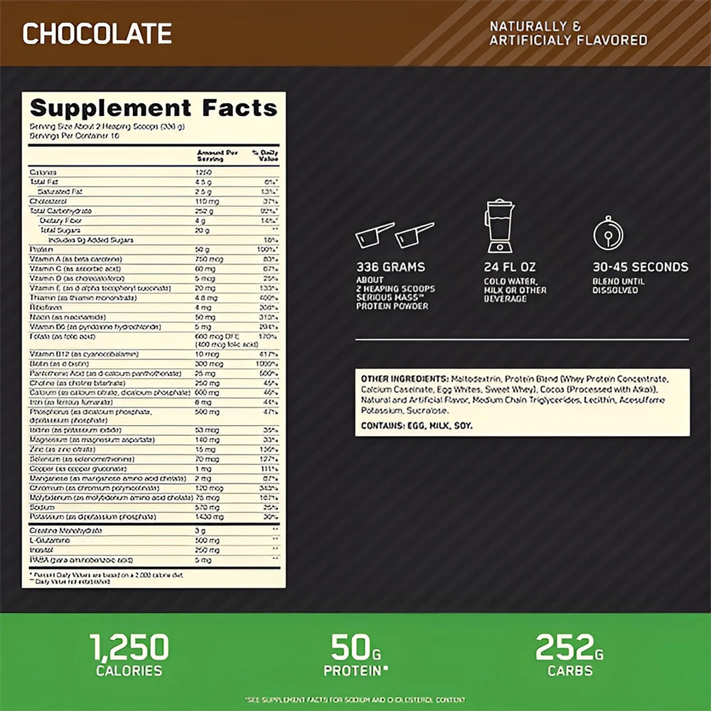 Supplement facts label for a chocolate-flavored On Serioud Mass 12lbs