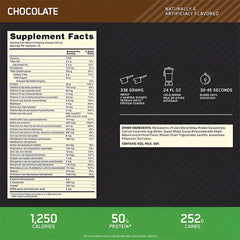 Supplement facts label for a chocolate-flavored On Serioud Mass 12lbs