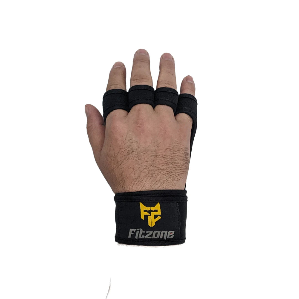 Hand wearing Fitzone Premium black crossfit glove with Fitzone logo on a white background