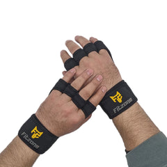 Hands wearing Fitzone Premium black crossfit gloves with Fitzone logo on a white background