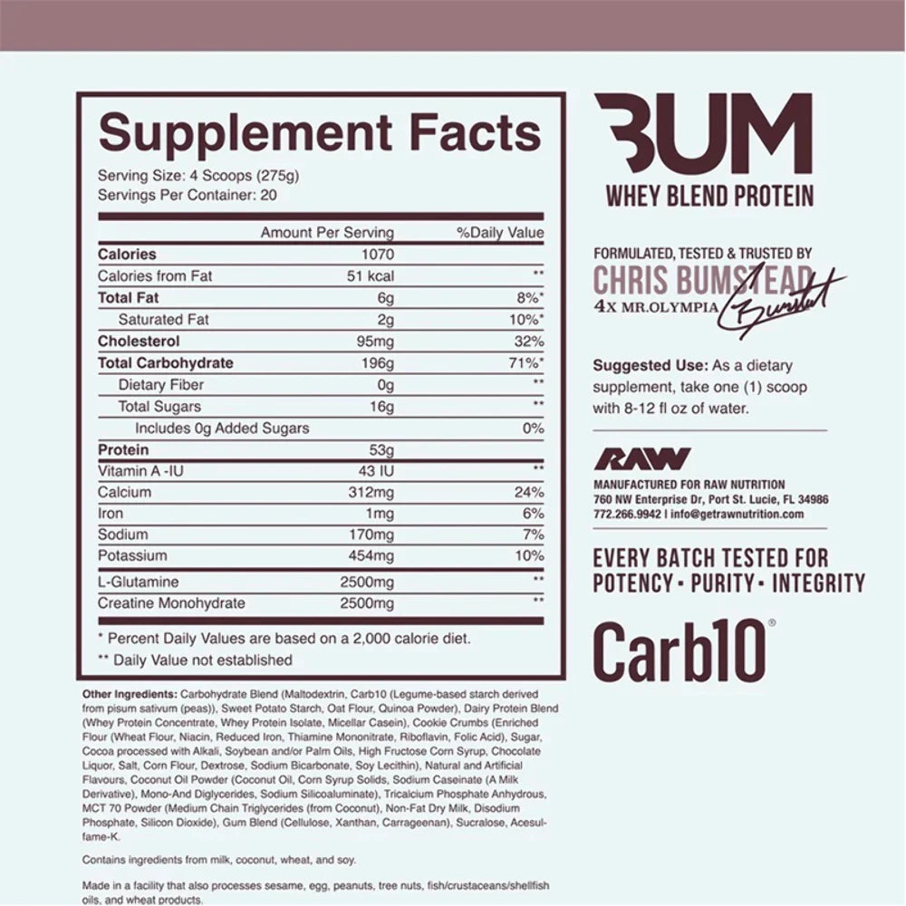 RAW Nutrition CBUM Mass Gainer supplement facts label