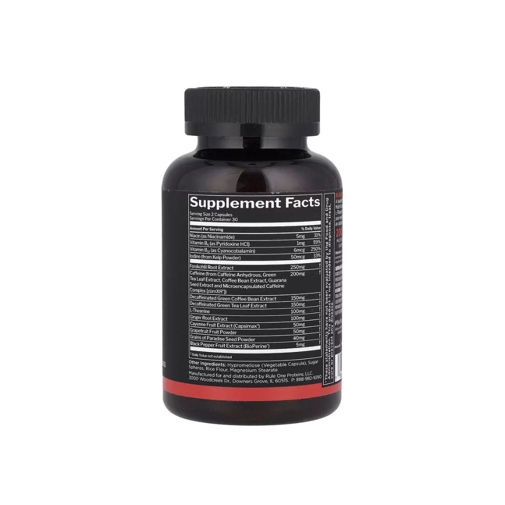 Rule 1 Burn Capsules supplement facts panel, caffeine and Forskolin dosage