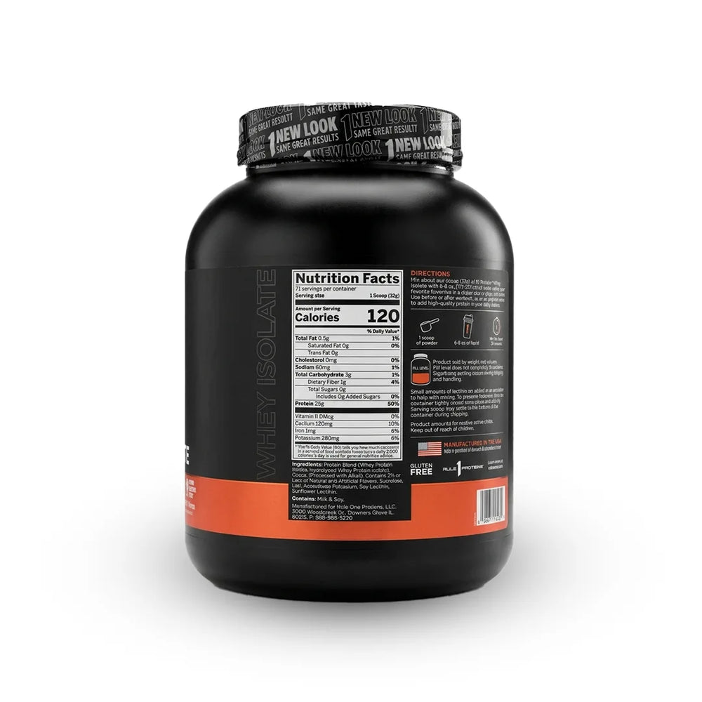 A black plastic container of Rule 1 R1 Whey Protein Isolate with a label that features the brand logo and product name, against a white background.