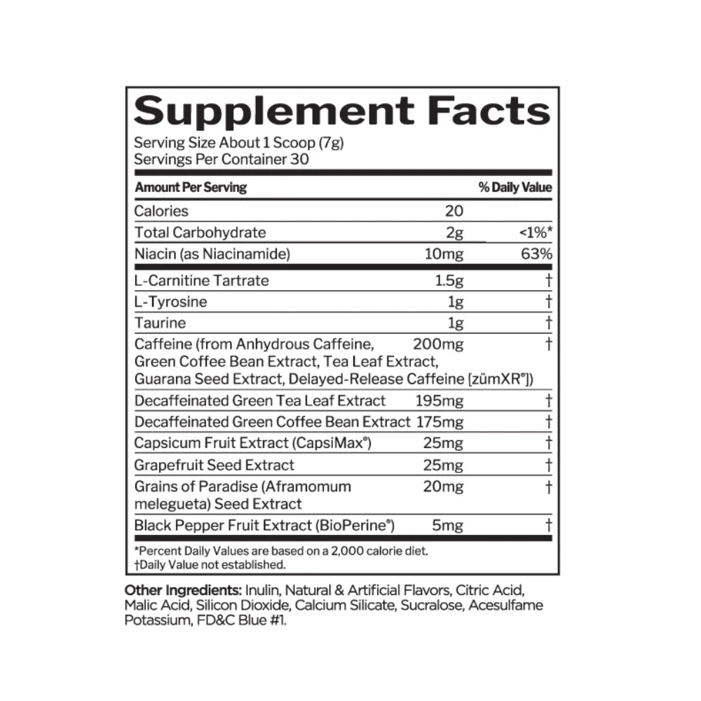 R1 Burn Supplement Facts. L-Carnitine Tartrate 1.5g, Caffeine 200mg zümXR, Capsimax 25mg, Grains of Paradise, BioPerine. 30 Servings per Container in Pakistan