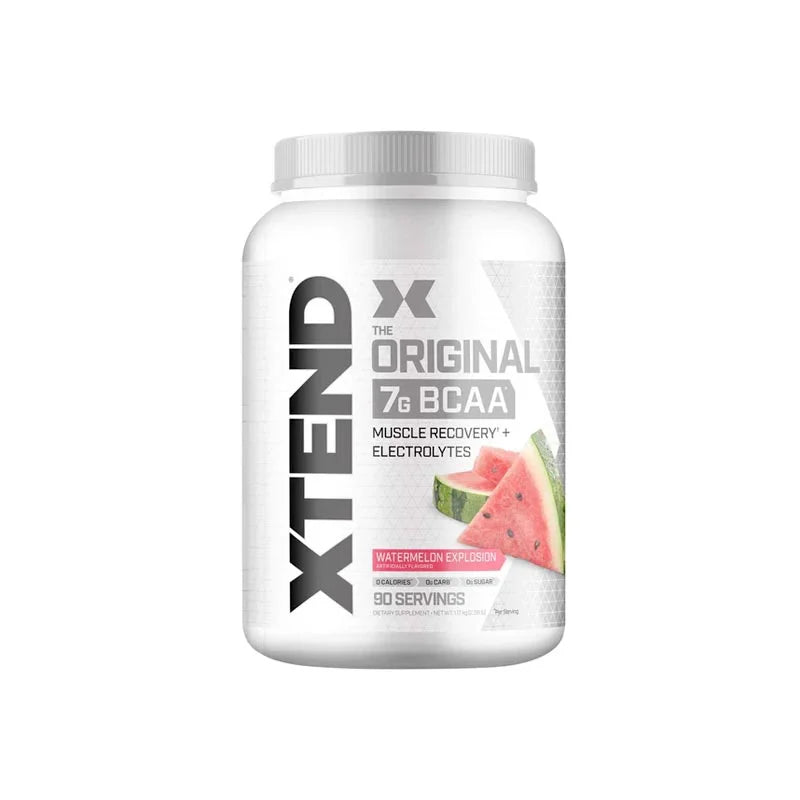 A container of Scivation Xtend BCAA, which is a muscle recovery supplement. The label shows the product name, a slice of watermelon, and the claim of 'The Original BCAA'.