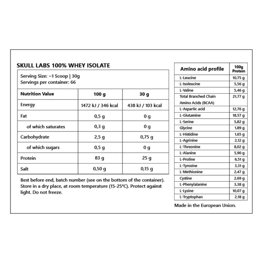Skull Labs 100% Whey Isolate 25g protein nutrition facts Pakistan