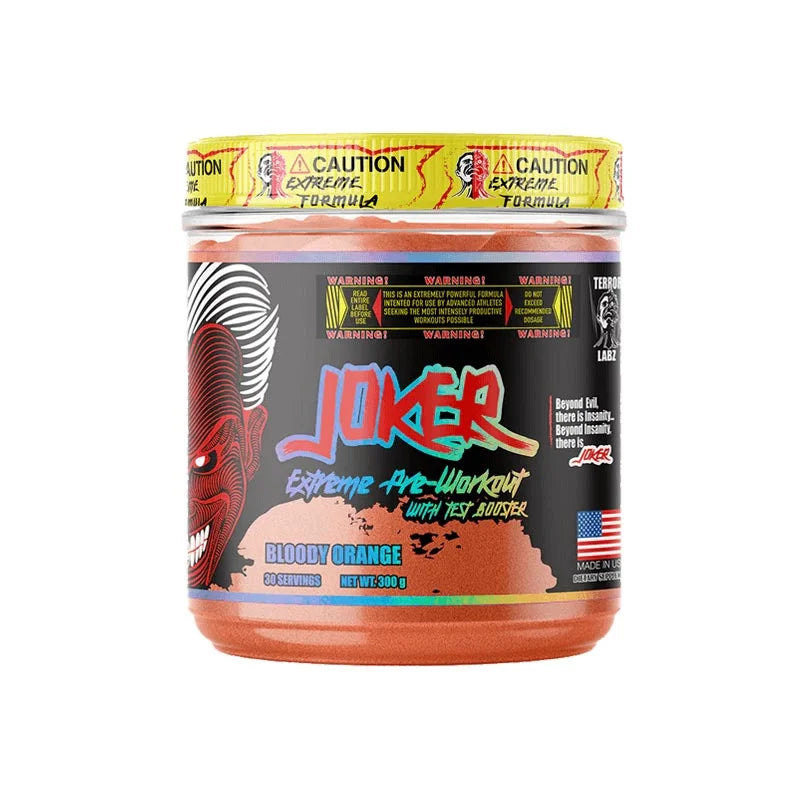 A container of Terror Labz Joker Extreme Pre Workout with Test Booster. The label is predominantly black with orange and yellow accents, featuring a graphic of a character and text detailing the product's benefits and servings.