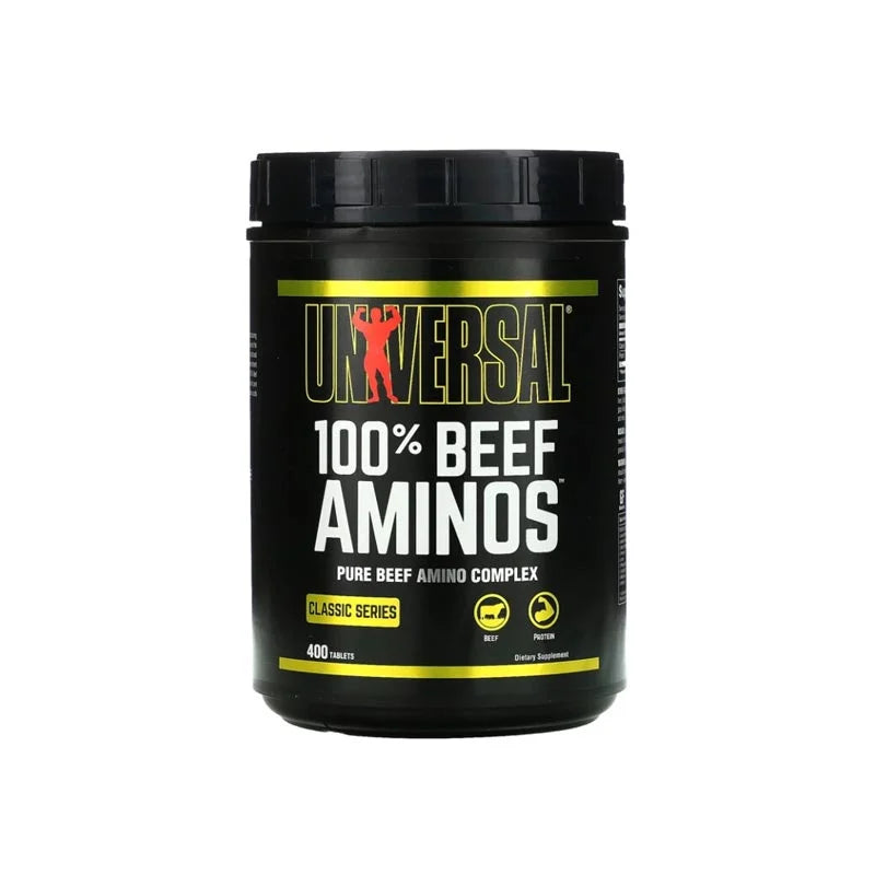 A container of Universal Nutrition 100% Beef Aminos with 400 tabs, predominantly black in color with green and yellow accents and text.
