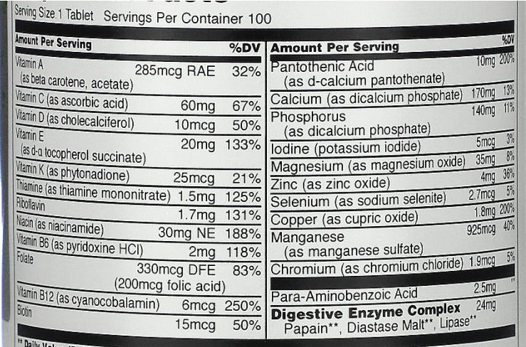 Nutritional information of Universal Nutrition Daily Formula Multivitamin 100 Tablets showing vitamins, minerals, and daily value percentages