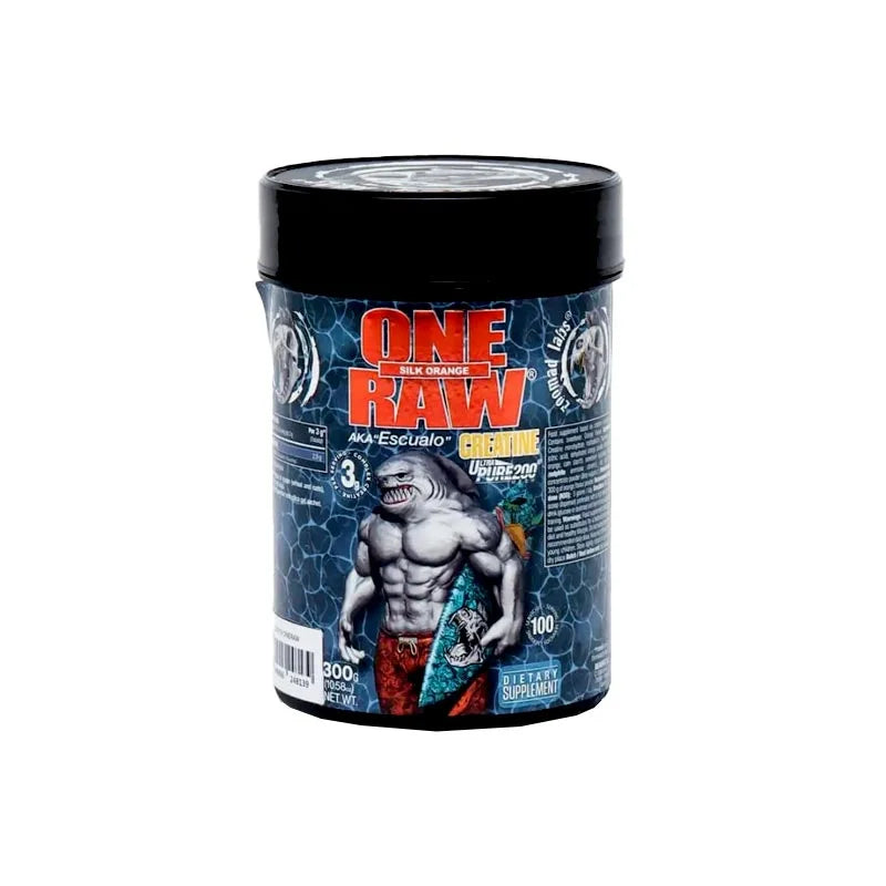 A container of Zoomad Labs One Raw Creatine with a graphic of a muscular character on the label.